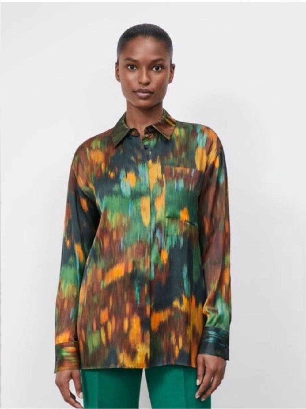 Lafayette 148 New York Abstract Brushstroke Button-Down in Green, Yellow & Brown